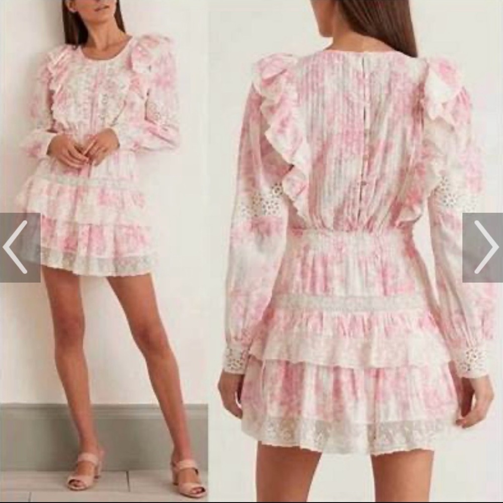 LoveShackFancy Pink and White Lace Tiered Mini Dress